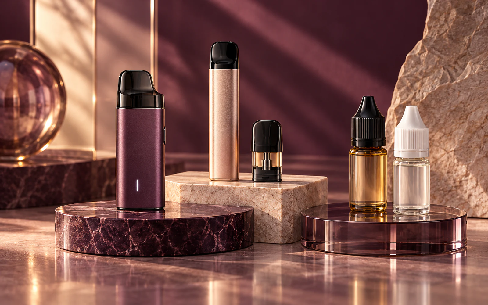Vape-Produkte aus verschiedenen häufig gesuchten Produktfamilien in einer gemeinsamen Szene