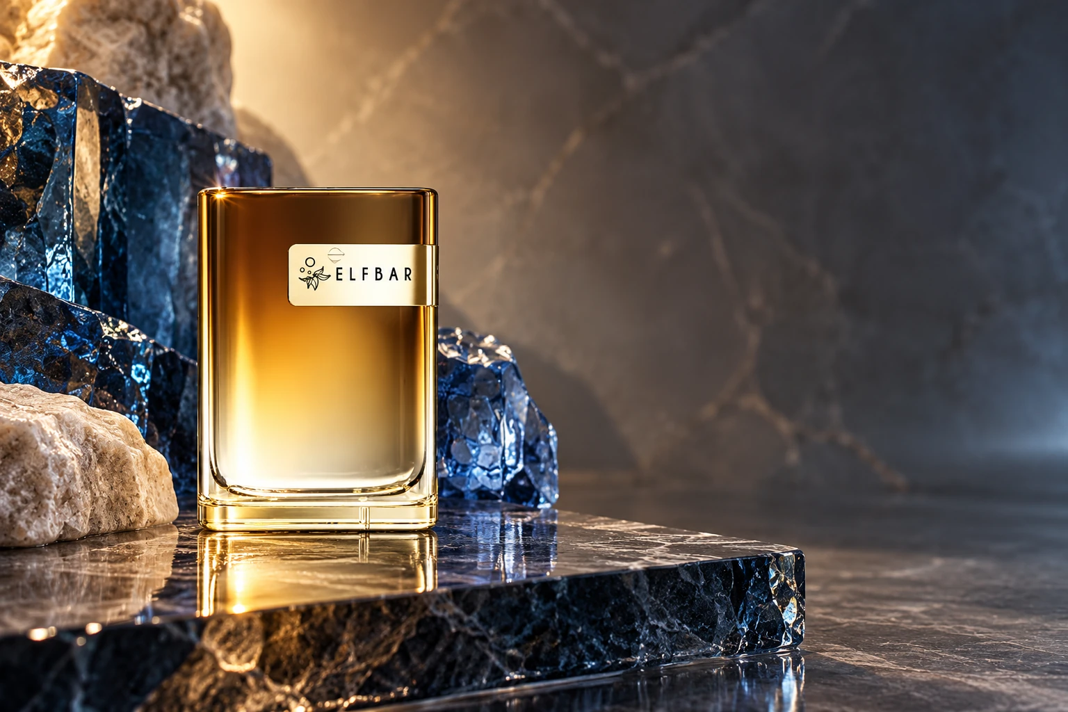 Goldene Elf Bar CR600 auf dunklem Stein mit blauem Glas