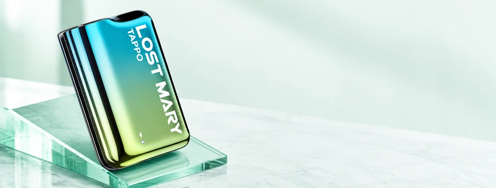 Lost Mary Tappo Blue Green in einer seitlichen Perspektive